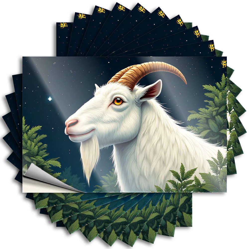 Fzfn Colour A White Goat With Golden Horns Stands Amidst Lush Greenery Under A Starry Night Decals Fall Door Decorations | Lover Bottle Removable Decal Pack(8X12cm)