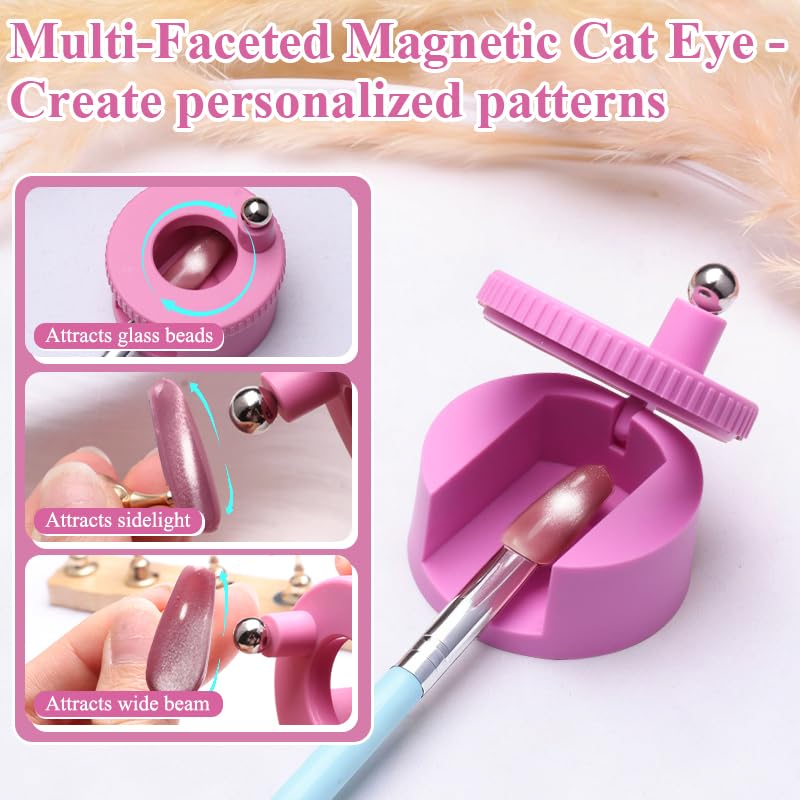 Rotating Cat Eye Magnet for Nail Polish, 360°Automatic Cat Eye Magnet Tool with Strong Magnet for Cat Eye Gel, Glass Bead Nail Magnet, Magnetic Nail Tool for DIY Nail Art & Salon Use (Pink)