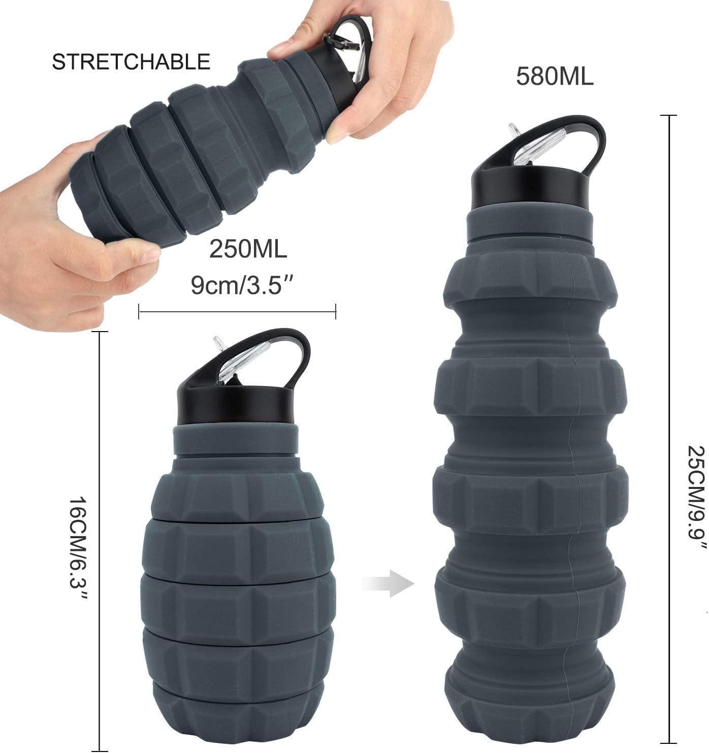 Caliber Gourmet SILICONE COLLAPSABLE TRAVEL WATER BOTTLE 580ML Reusable Silicone Foldable Water Bottles for Gym Camping Hiking, Portable Leak Proof Sports Water Bottle with Carabiner (Dark gray)