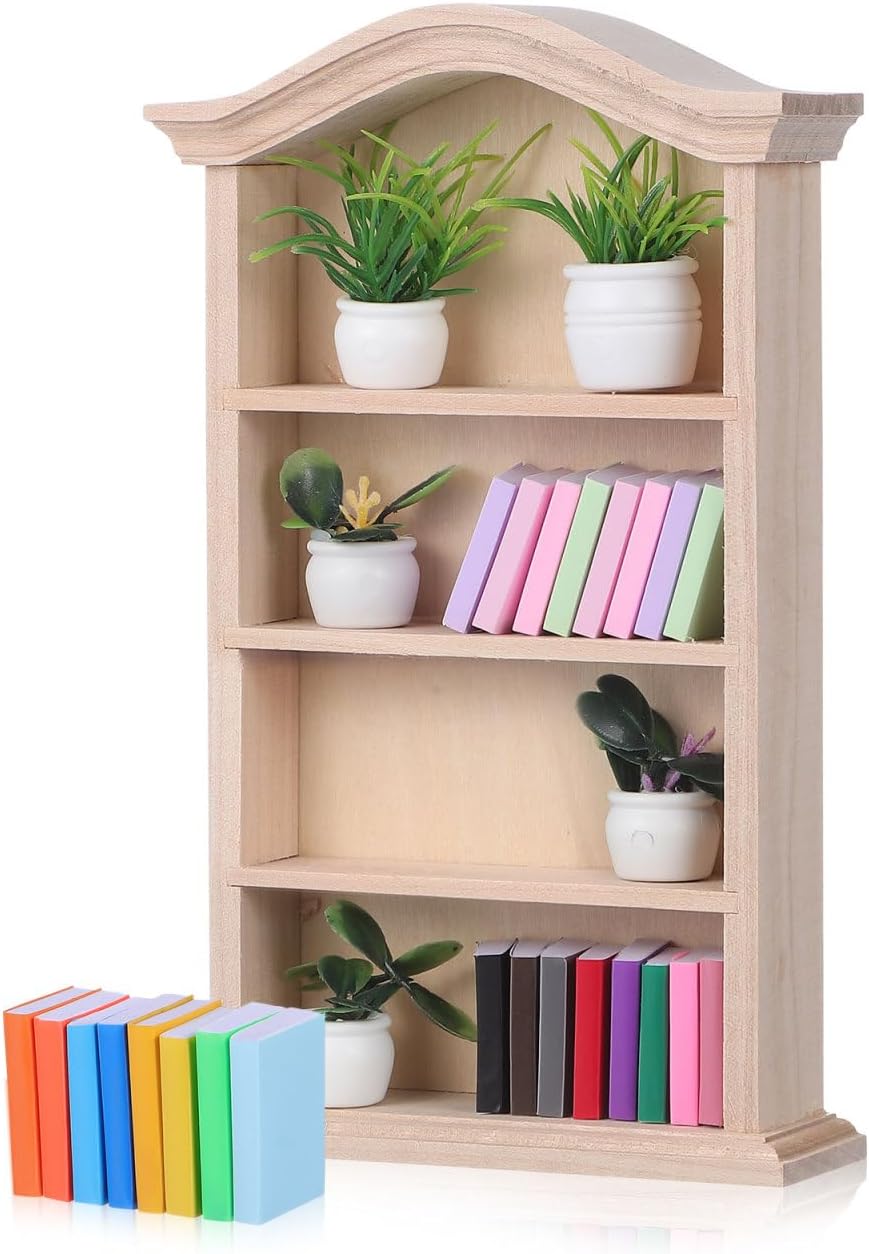 IMIKEYA 1 12 Scale Dollhouse Bookshelf with 24 Miniature Books & 5 Doll House Plants, Miniature Dollhouse Furniture Bookshelf Tiny Library Decor for Mini House