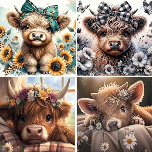mrpwnle 4 Pack Cow Diamond Art Kits for Adults - DIY Cute Animals Diamond Painting Kits for Adults Beginner, Simple 5D Full Drill Diamond Art Dots Gem Art Kit for Home Wall Decor 12x12inch