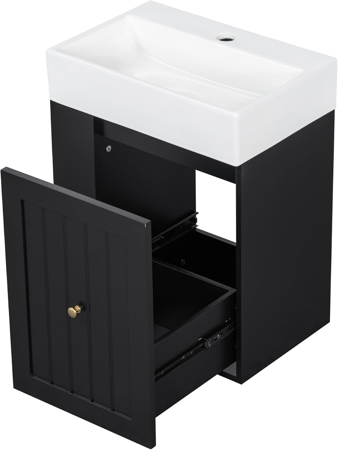 Harper & Bright Designs 20" Bathroom Vanity with Sink, Wall-Mounted Single Basin Vanity Set with One Drawer & Two-Tier Left Side Storage Shelf, Storage Cabinet with Ceramic Basin for Bathroom, Black