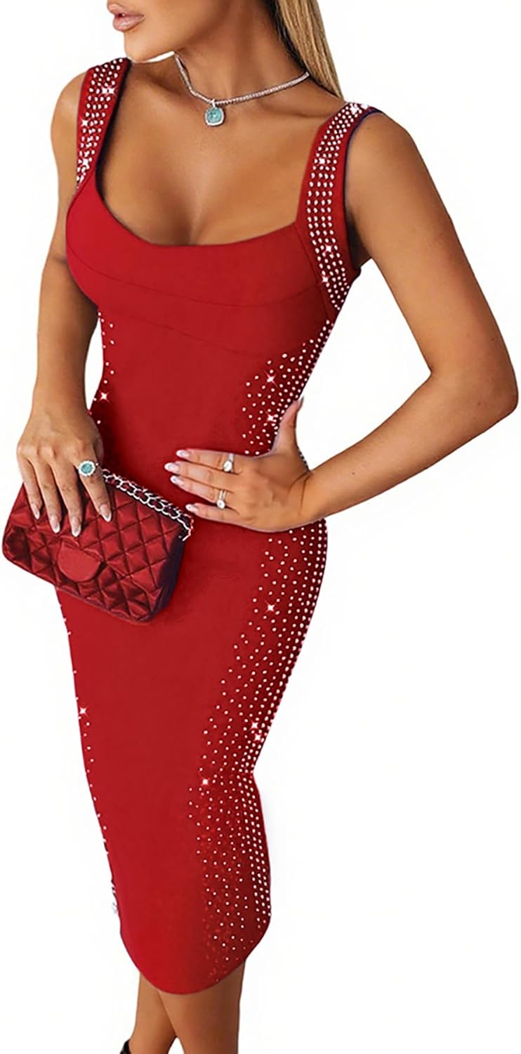 Womens Sexy Elegant Rhinestone Square Neck Sleeveless Bodycon Midi Dress Cocktail Party Club Night Out Dress