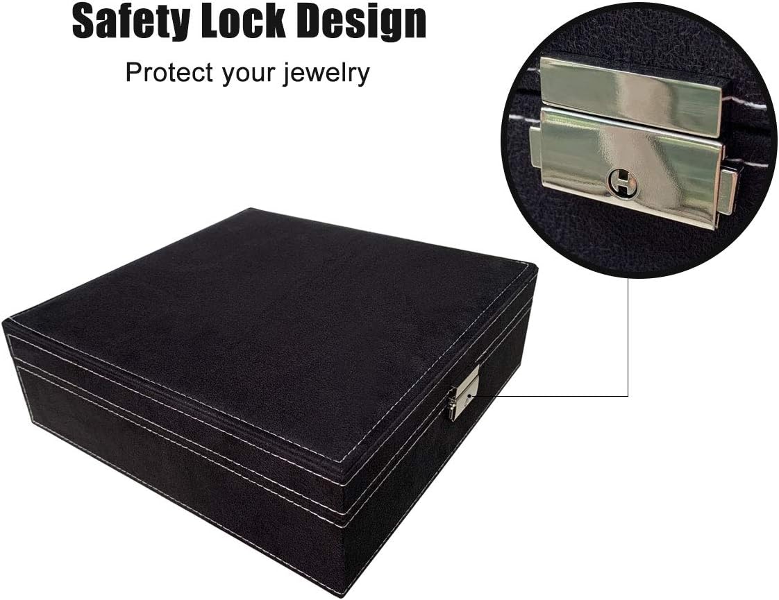 Ationgle 2-Layer Jewelry Organizer Box with Lock - 44 Compartments Suede Jewelry Box for Women for Girls for Ring Necklace Earring Ear Stud Bracelet Brooch, Black
