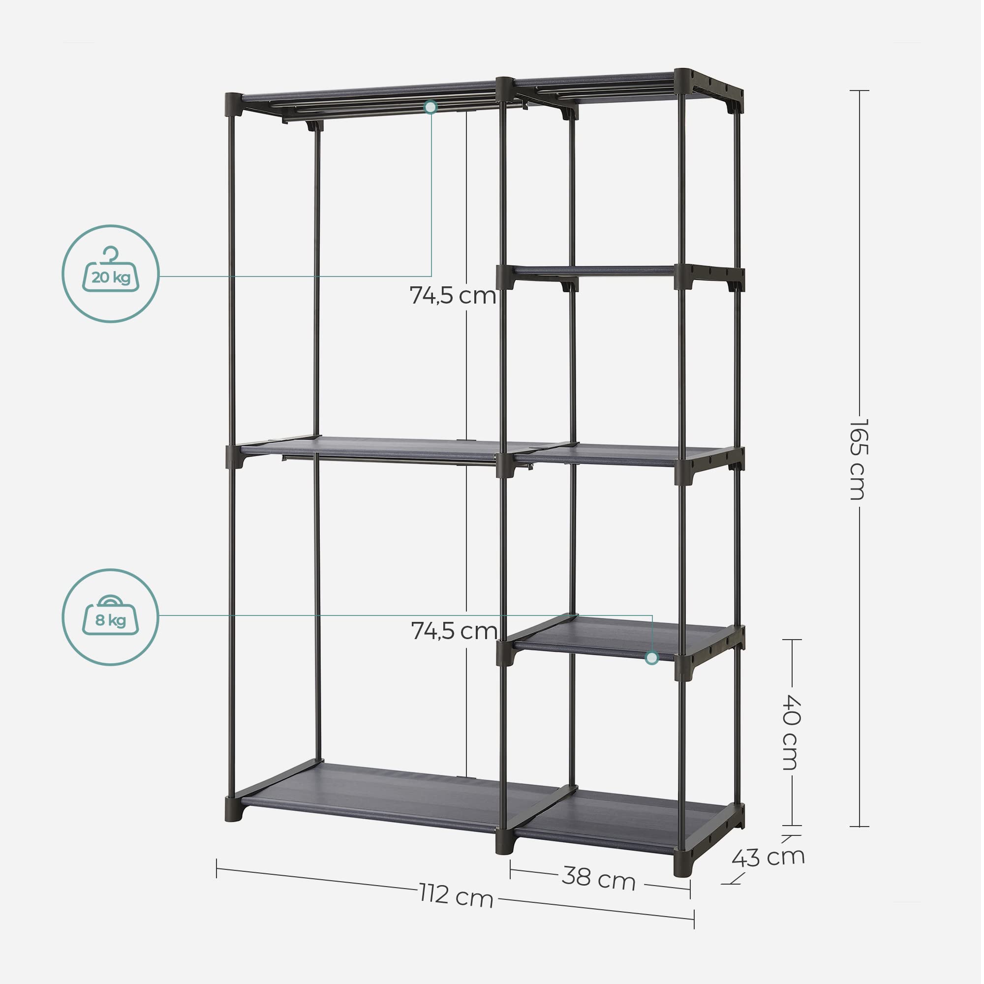 SONGMICS Szafa na ubrania, wolnostojąca, składana, z drążkami na ubrania, do przechowywania, garderoba, do sypialni, 112 x 43 x 165 cm, szara, RYG024G02
