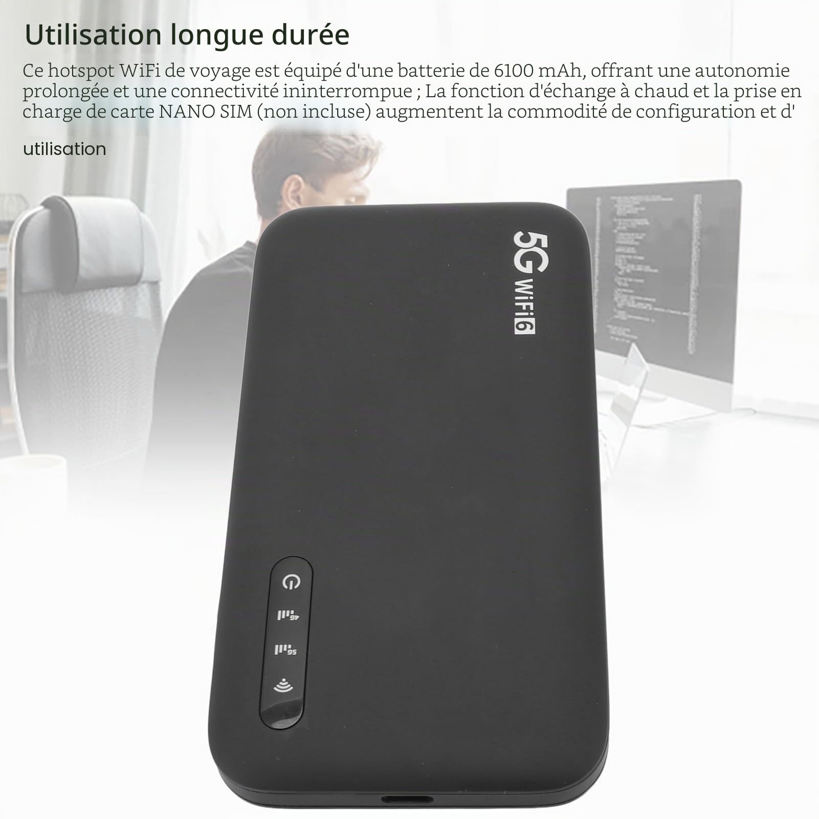 Routeur Portable 5G Mobile Hotspot WiFi 6, 5G avec Emplacement pour Carte SIM, Support 16 Appareils 6100mAh Batterie, Appareils Internet Portables pour Les voyageant et