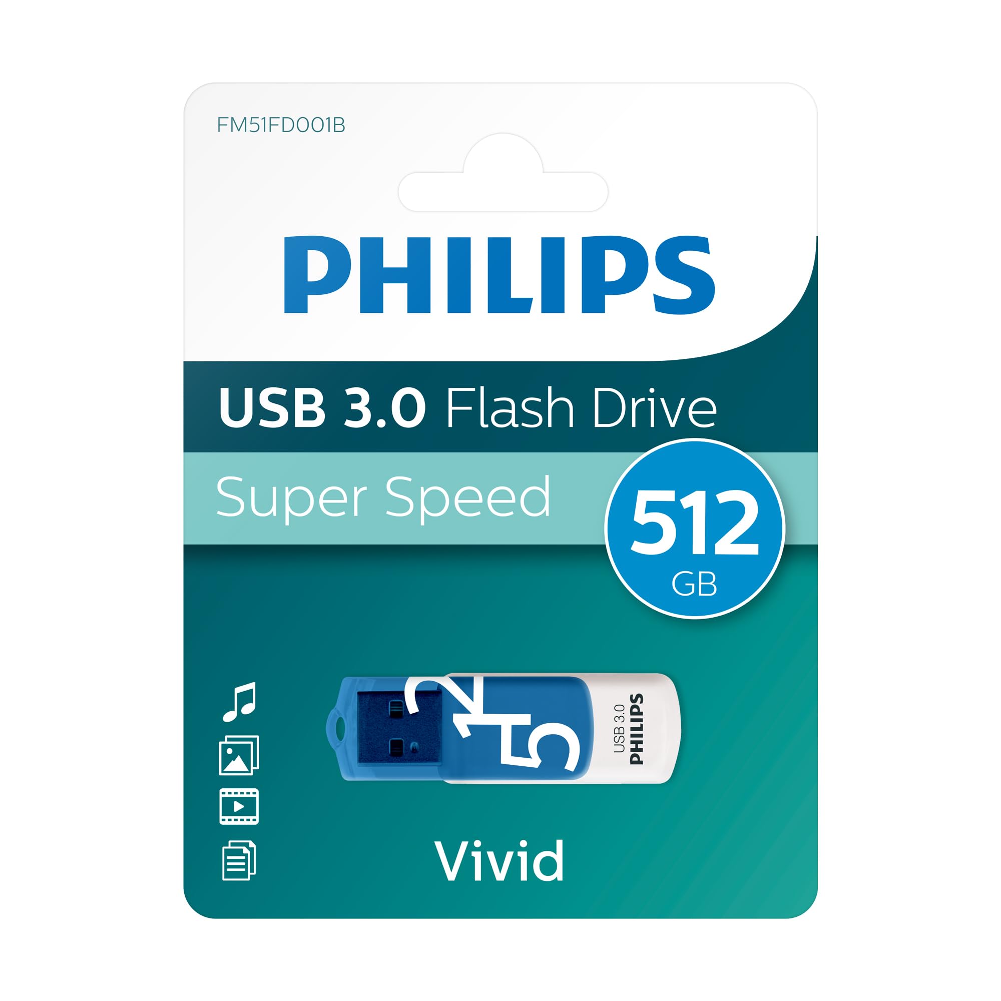 Philips Vivid Edition Super Speed USB 3.0 unità flash USB 512 GB con cappuccio girevole per PC, laptop, computer, archiviazione dati, velocità di lettura fino a 120 MB/s