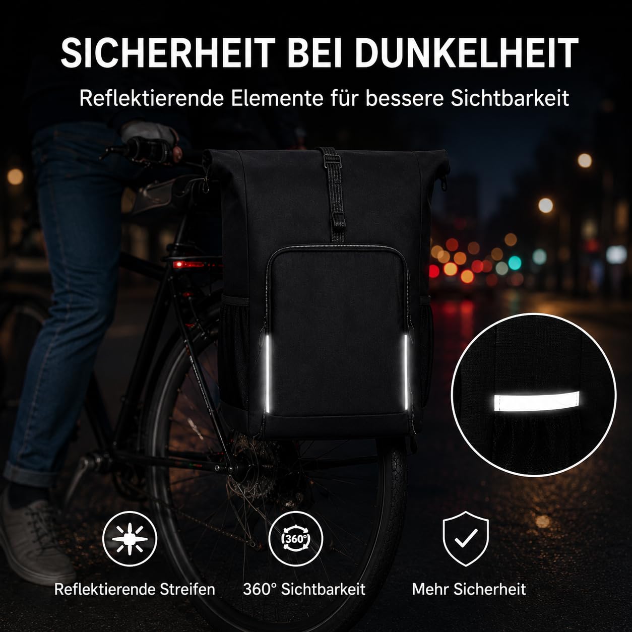 Alforja para bicicleta 2 en 1, portaequipajes y mochila, impermeable, con soporte de liberación rápida, para uso diario y excursiones (negro, 30 L)