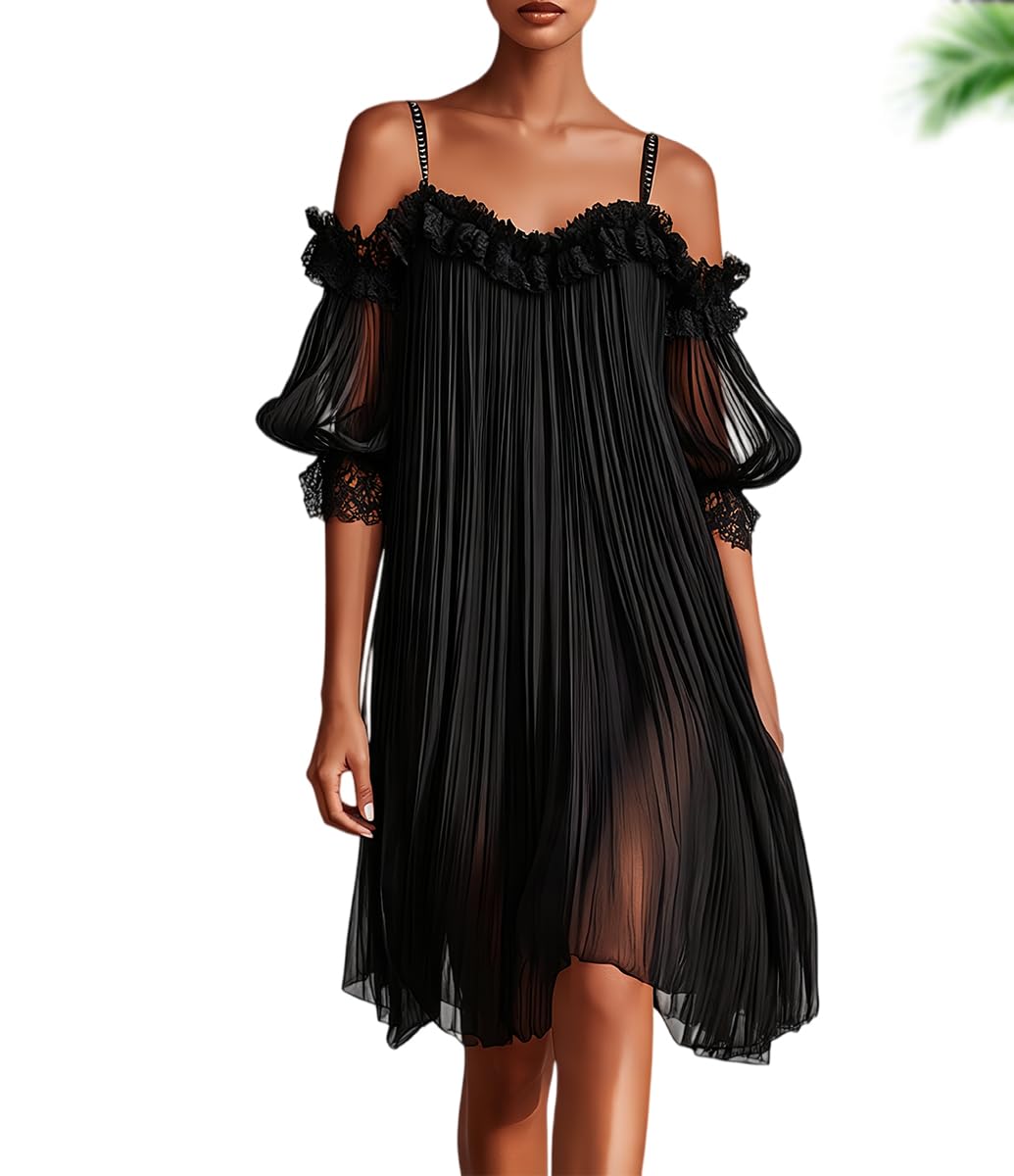Minivestido negro de gasa con hombros descubiertos y ribete de encaje | Vestido de fiesta transparente con tirantes finos