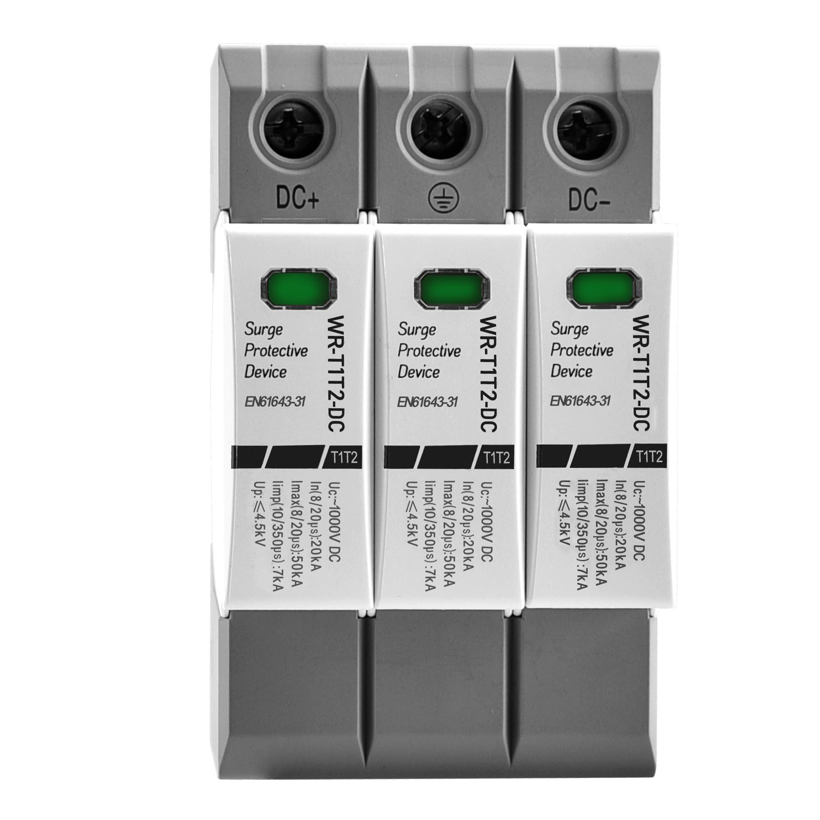Heschen DC-Überspannungsschutzgerät für PV, WR-T1T2-DC, 3P 1000 VDC, In 20 KA, Iimp 7 KA, T1+T2-Typ, feuerfest, 35-mm-DIN-Schienenmontage
