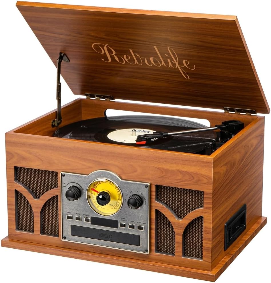 10-in-1 Record Player with Built-in Speakers Wireless Playback, CD & Cassette Player, USB Player, AM/FM Radio, 3 Speeds Turntable Vinyl Record Player Mahogany