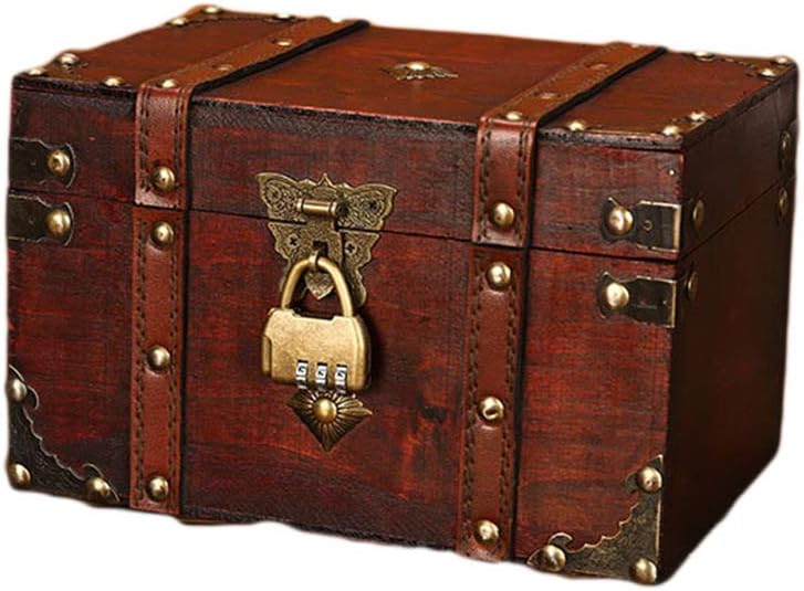 Wooden Storage Box, Pirate Treasure Chest Vintage Decorative Box with Lockable Lid and Password Lock, Luxury Storage Trinket Box Jewelry Box for Mum, Mothers Day, Christmas, Keepsakes,13.5x22x15cm