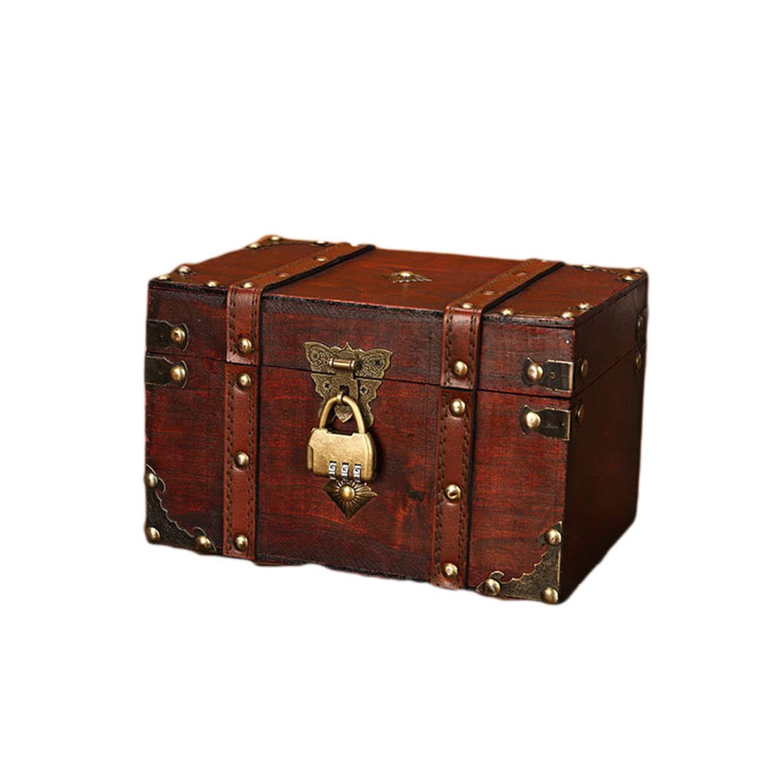 Verve Jelly Red Wooden Storage Box, Pirate Treasure Chest Vintage Decorative Box With Lockable Lid And Password Lock, Luxury Storage Trinket Box Jewelry Box For Mum, Mothers Day, Christmas, Keepsakes,13.5X22x15cm