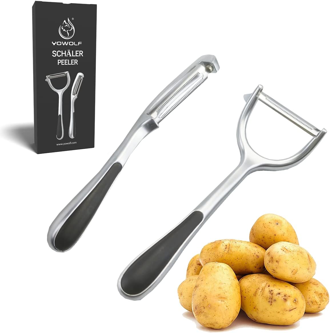 YOWOLF Pelador 2PCS,Pelador con Hoja Dentada Pelador de Patatas Profesional Pelador Verduras Prémium Pelador de Acero Inoxidable Pelador de Manzanas de Fruta con Mango Ergonómico Antideslizante