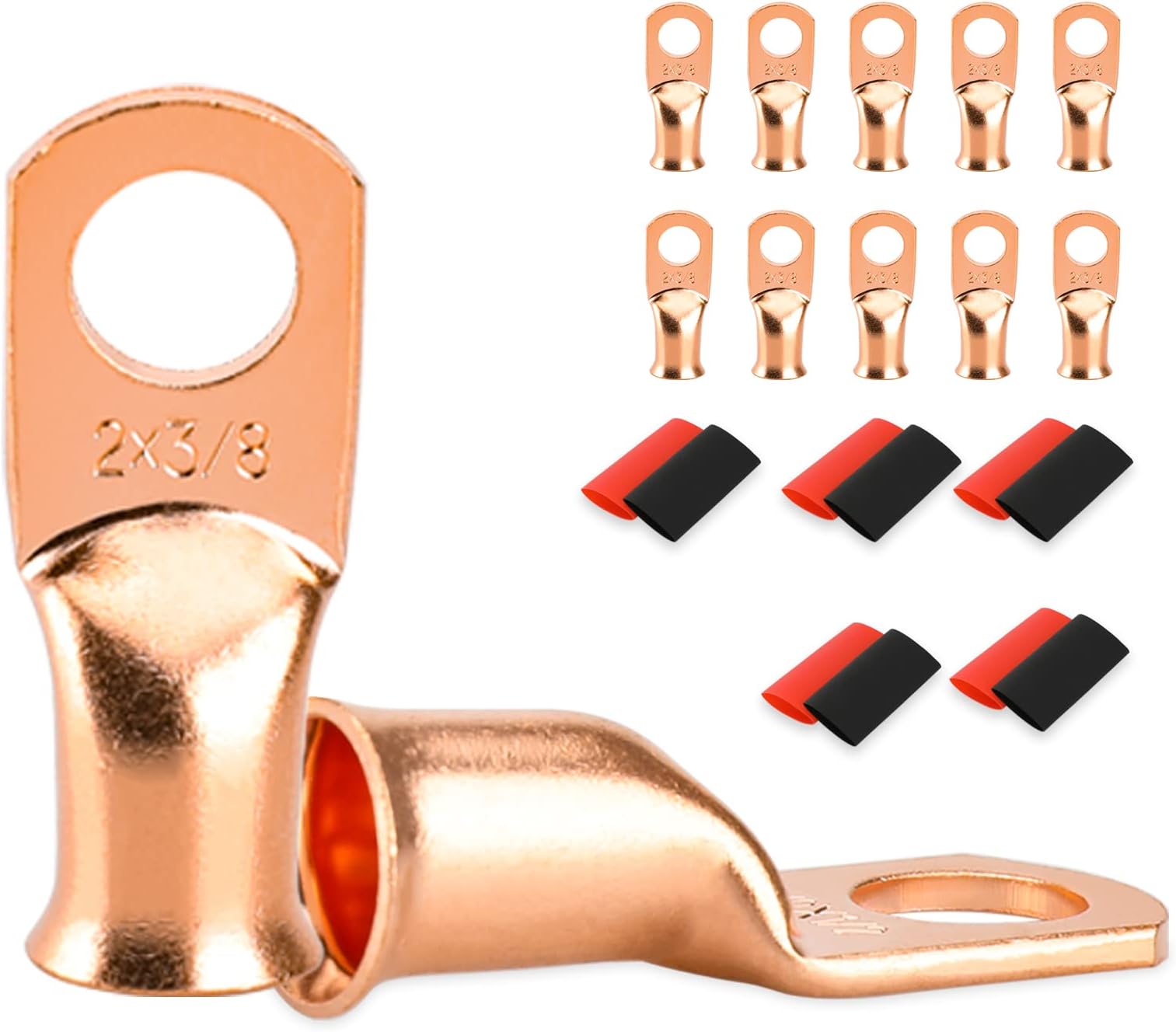 (2AWG 1cm (M10) 10PCS) - 10 PCS Battery Terminal Connectors, Battery Cable Ends Lugs, 2 Gauge Wire Connectors, 2 AWG 1cm Stud Ring Terminals, Copper Wire Lugs with Heat Shrink Tubing.