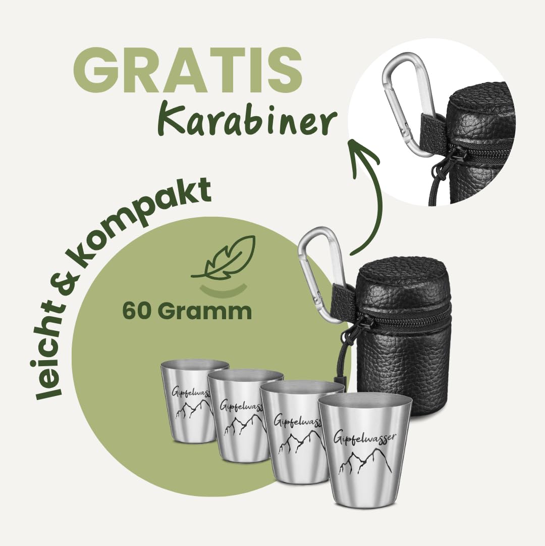 Gipfelgaudi Gipfelwasser Stamperl inkl. Etui I 4 Stamperl im Lederetui mit Karabiner I Federleichte Stamperl aus rostfreiem Edelstahl