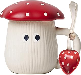 Mushroom Mug with Lids Coffee Mug Mushroom Gift Ceramic Teacup with Spoon & Coaster 400ml Tea Coffee Christmas Mugs Birthday Gift for Wife Girlfriend Kids