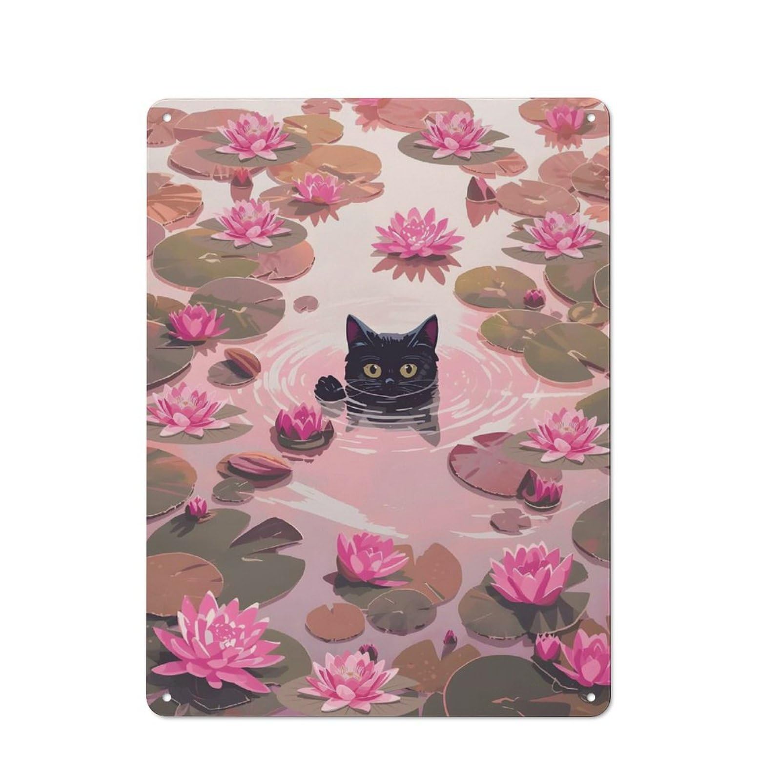 Junmoney Style-2 Black Cat In Pink Lily Pond Rustic Metal Plaque 40X30cm For Living Room Or Hallway, For Garage, Workshop And Man Cave Decoration