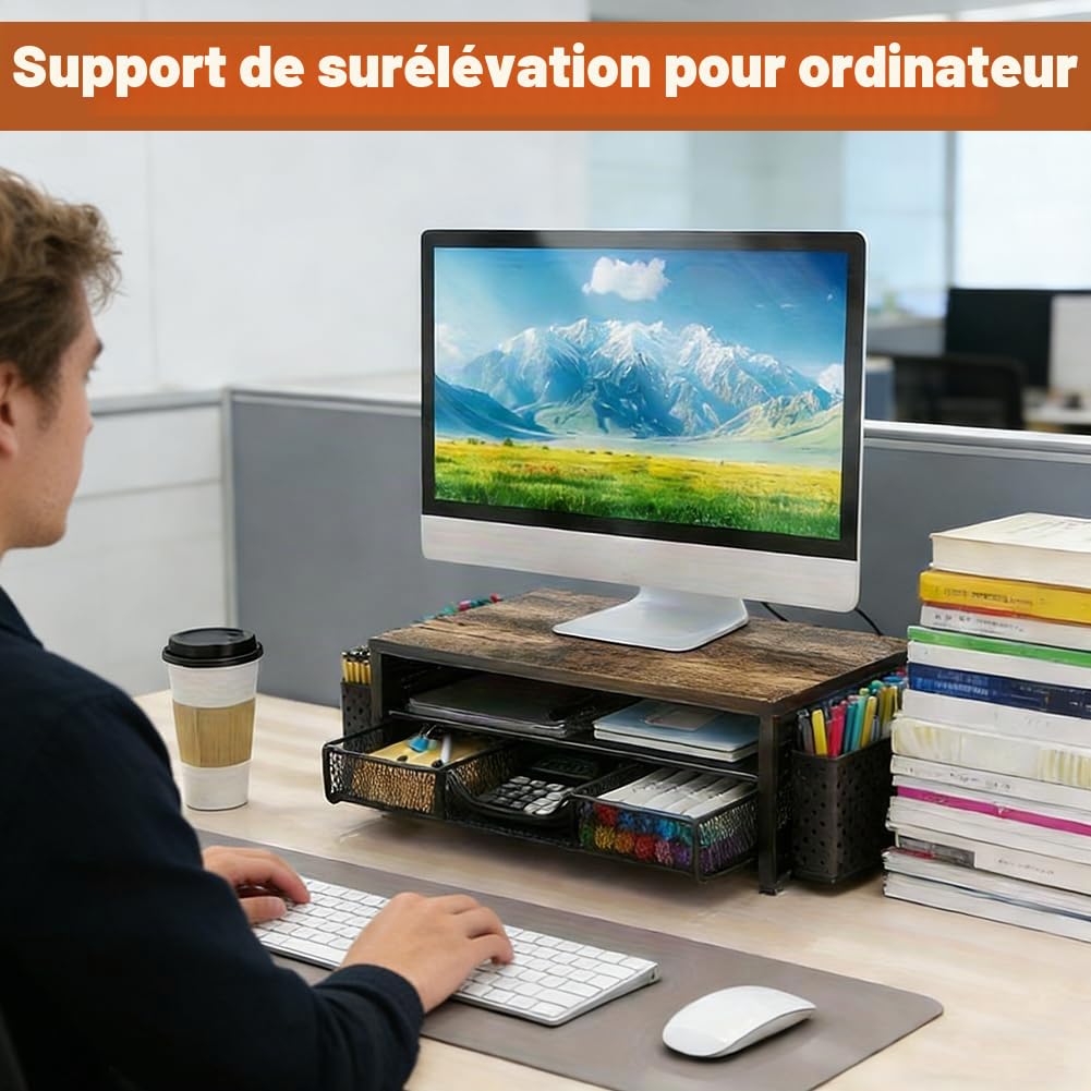 Organiseur de bureau, support de moniteur avec tiroir et 2 porte-stylos, rehausseur de moniteur pour écran et ordinateur portable, organisateur de bureau pour accessoires de bureau