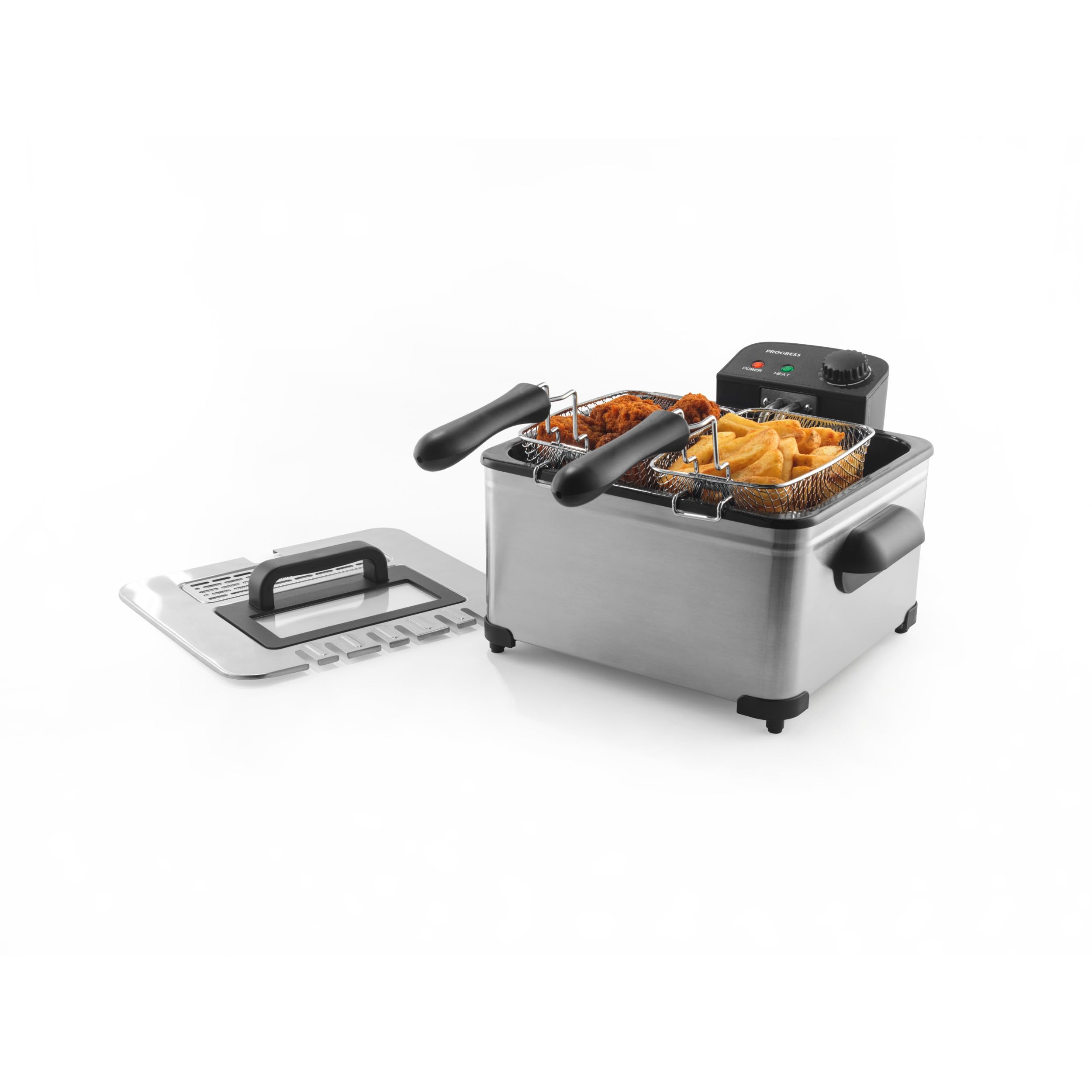 Freidora de aceite profunda Progress 5L - 2 x 2,5L, Cesta extraíble antiadherente y tapa, 150-190°C, Ventana de visualización, Control de temperatura ajustable, Mango de tacto frío, 2000W