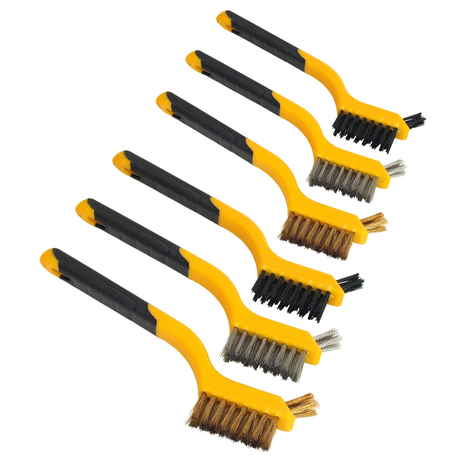 6pc Mini Wire Brush Set Rust Removal and Cleaning Brushes | Soft Grip Handles with Brass, Steel and Nylon Bristles