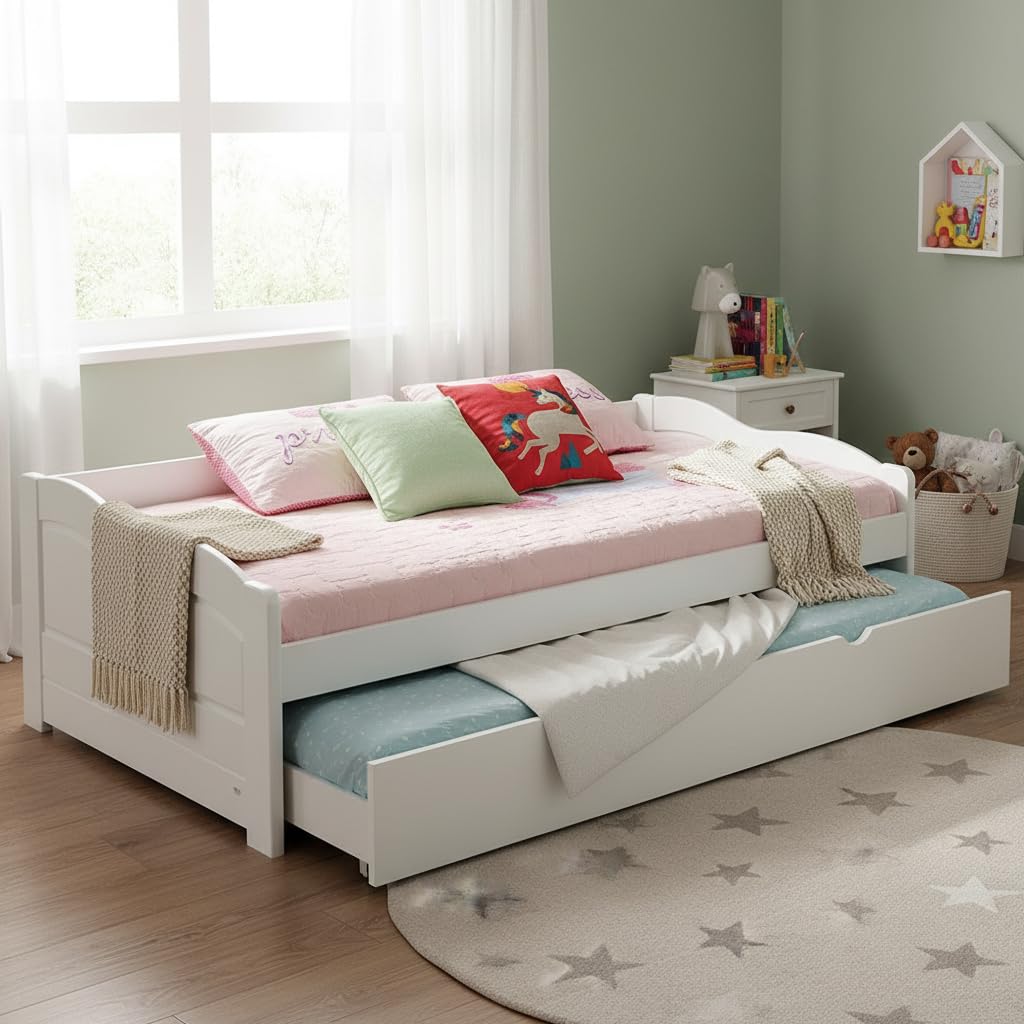 APRODZ Solid Wood Gymea Daybed with Trundle Bed for Living Room | Bed for Bedroom | Single Diwan Day Bed with Storage Box for Kids Adult Bedroom Living Room Home Furniture (White Finish)-image-41