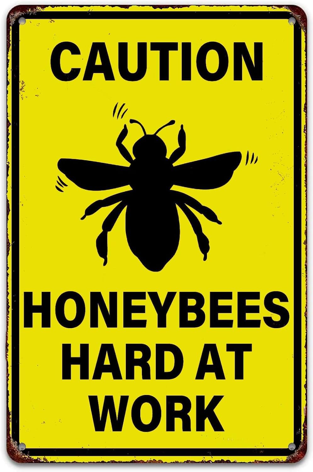 SMAZDFXX Bee Warning Sign, Caution Honeybees Hard At Work Metal Signs, Funny Bee Wall Decor No Trespassing Tin Poster for Home Outdoor Garden Yard Farmhouse Wall Decor 5.5"x8"