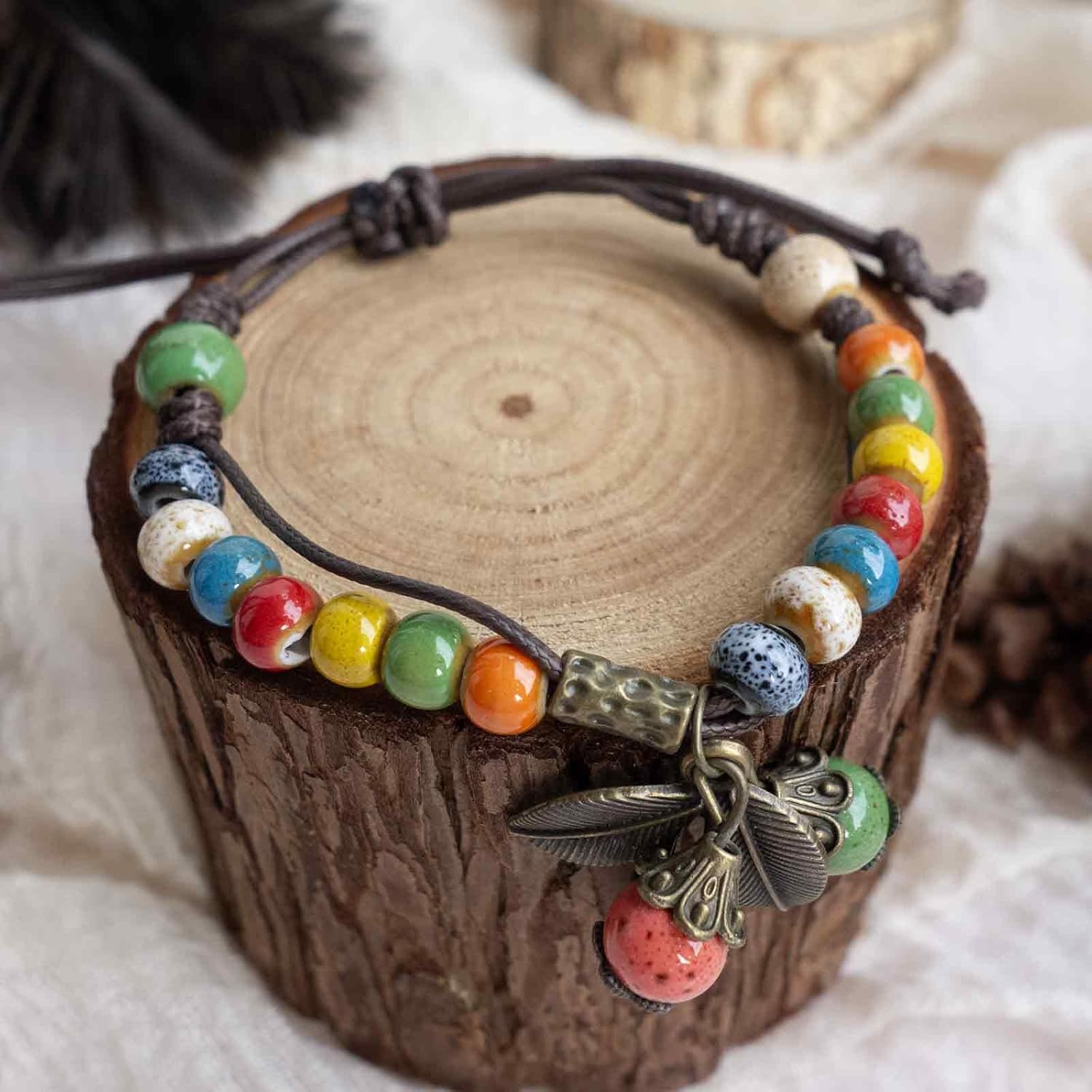 Hippie Charm Bracelets for Women, Colorful Ceramic Beads Bracelet with Leaf Charm, Adjustable Ethnic Braided Bracelet, Handmade Jewelry Gift for Sisters Friends - Image 4