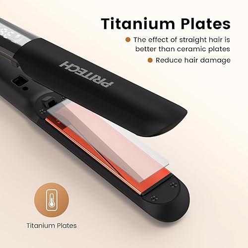 Miniatura 2 de PRITECH Plancha plana 2 en 1, plancha plana de titanio con iones negativos, temperatura ajustable (248-450) y apagado automático (negro)