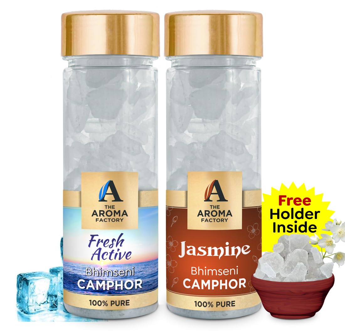 The Aroma Factory Pure Bhimseni Camphor, Fresh Active & Jasmine, Zero Residue Kapoor with Fragrance for Pooja, Aarti Kapur | Bottle Pack of 2 x 80gm (B0CLV9SSF7) Amazon Price History, Amazon Price Tracker