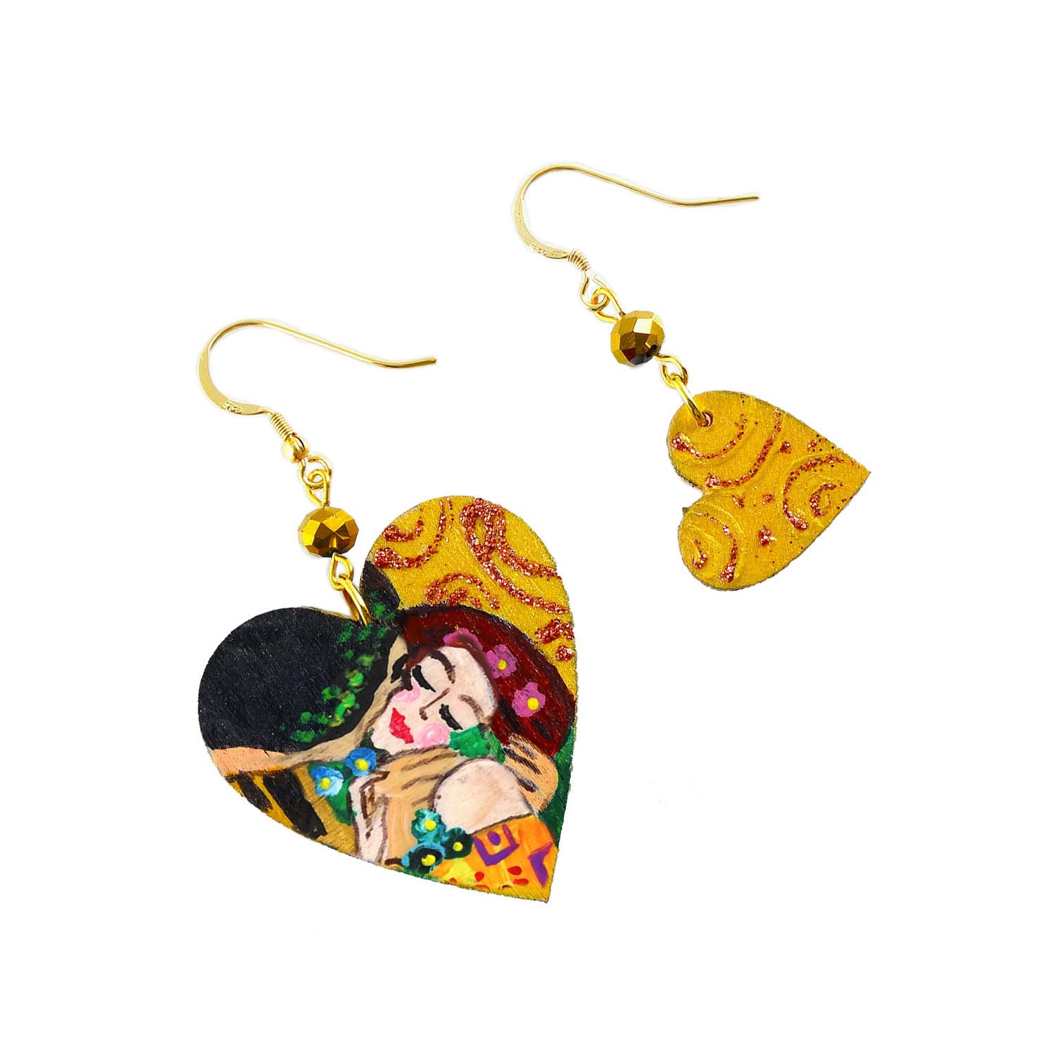 Orecchini dipinti a mano – IL BACIO DI KLIMT - Orecchini pendenti da donna, Gioielli in legno dipinti a mano, Gancio in argento, Made in Italy, Lavorazione Artigianale, Bijoux Arte Lisanti