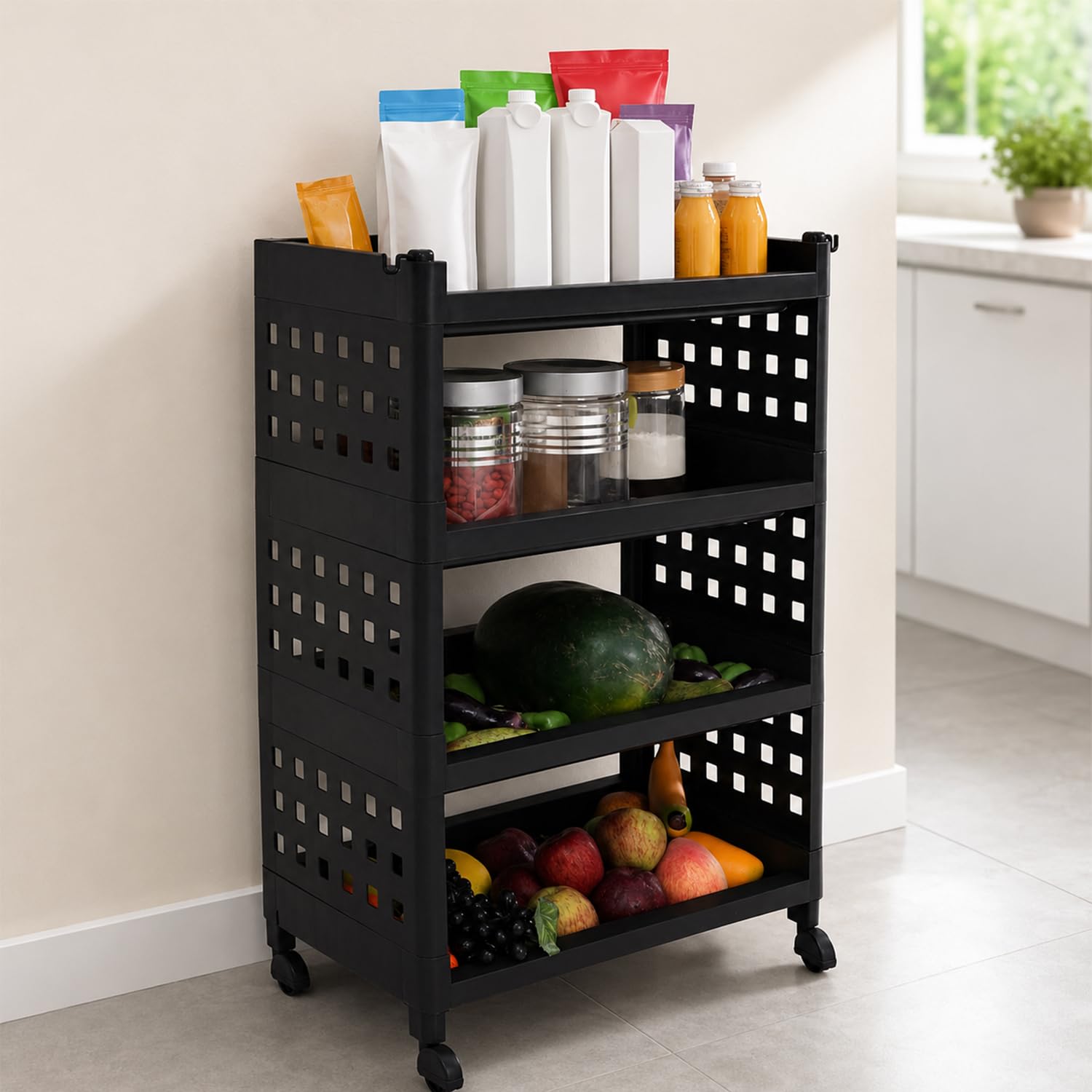 LEOPAX 4 Layers Plastic Rolling Storage Rack | Multipurpose Stackable Storage Rack with Wheels for Kitchen Laundry Room Bathroom Office Home - Black (50 x 30 x 75cm)-image-42