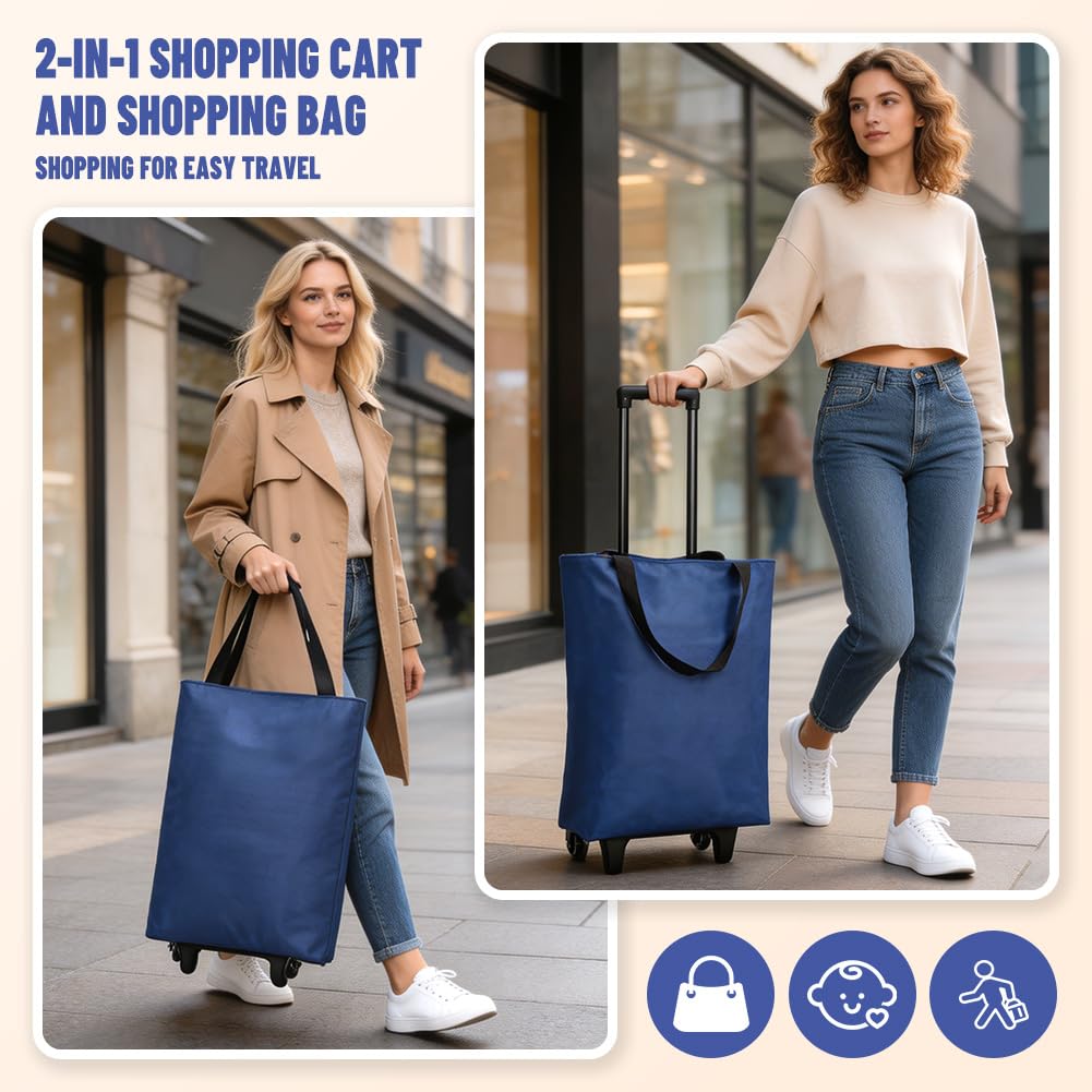 Einkaufstrolley Klappbar 30L, 2-in-1 Einkaufswagen Modern mit Tasche, Leichter Shopping Trolley bis 25kg für Camping, Reisen, Supermarkt (Blau)