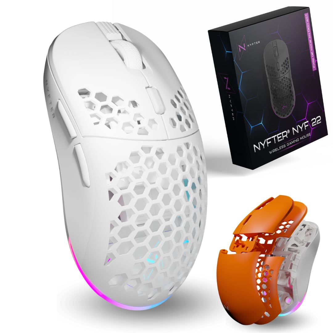 Nyfter - NYF22 Wireless Gaming Mouse Honeycomb Cover Ultraleggera 75g potente con 400mA 19K DPI, 400 IPS 1000 Hz 50h durata della batteria durevole Due custodie intercambiabili con