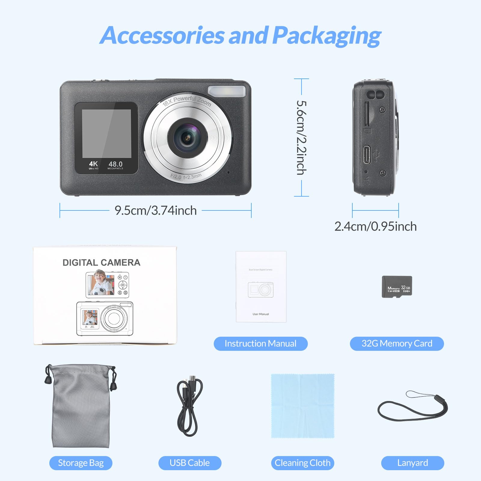 Fotocamera digitale, fotocamera portatile ad alta definizione 1080P con zoom 16x e stabilizzazione, include scheda di memoria interna da 32 GB, fotocamera compatta e leggera.