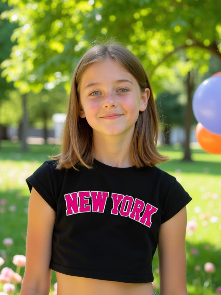 Image of Little Girls Crop Tops Cool Summer T-Shirt Crewneck Short Sleeve Fashion Tee Size 6-14