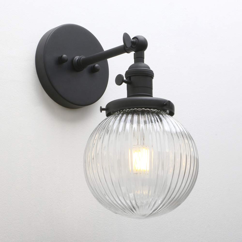 Yosoan Industrial Ribbed Globe Glass Wall Light Fittings, Switched Wall sconces Lighting for Kitchen Island Living Room Bedroom (Black)