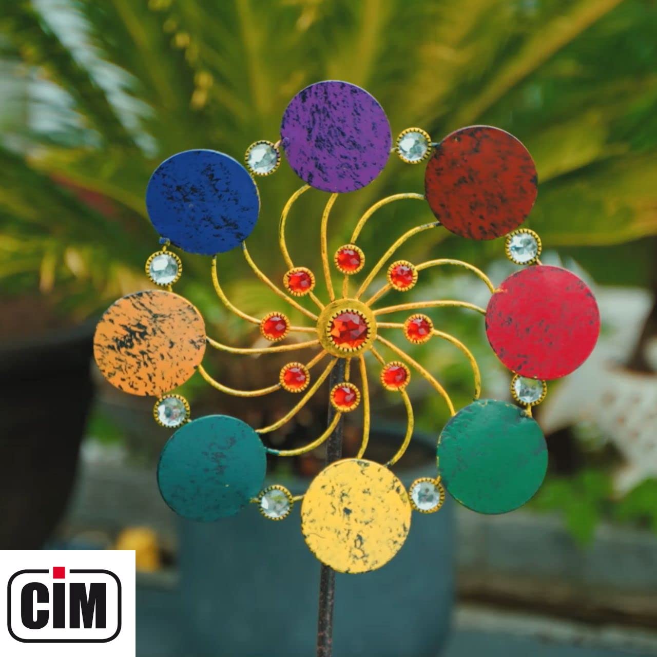 CIM Exotic Flower Rainbow - éolienne métallique à roulement à Billes Résistant aux intempéries avec Tige de Support 3 pièces Ø 34 cm Hauteur Totale : 122 cm