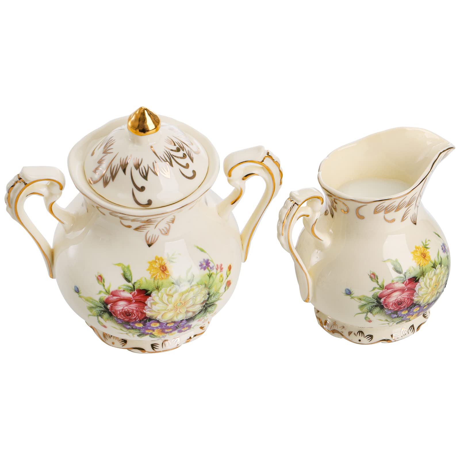 Foraineam Juego de azúcar y crema, porcelana marfil para servir café, diseño de arbustos florecientes con hojas doradas y borde de crema jarra y azucarero con tapa