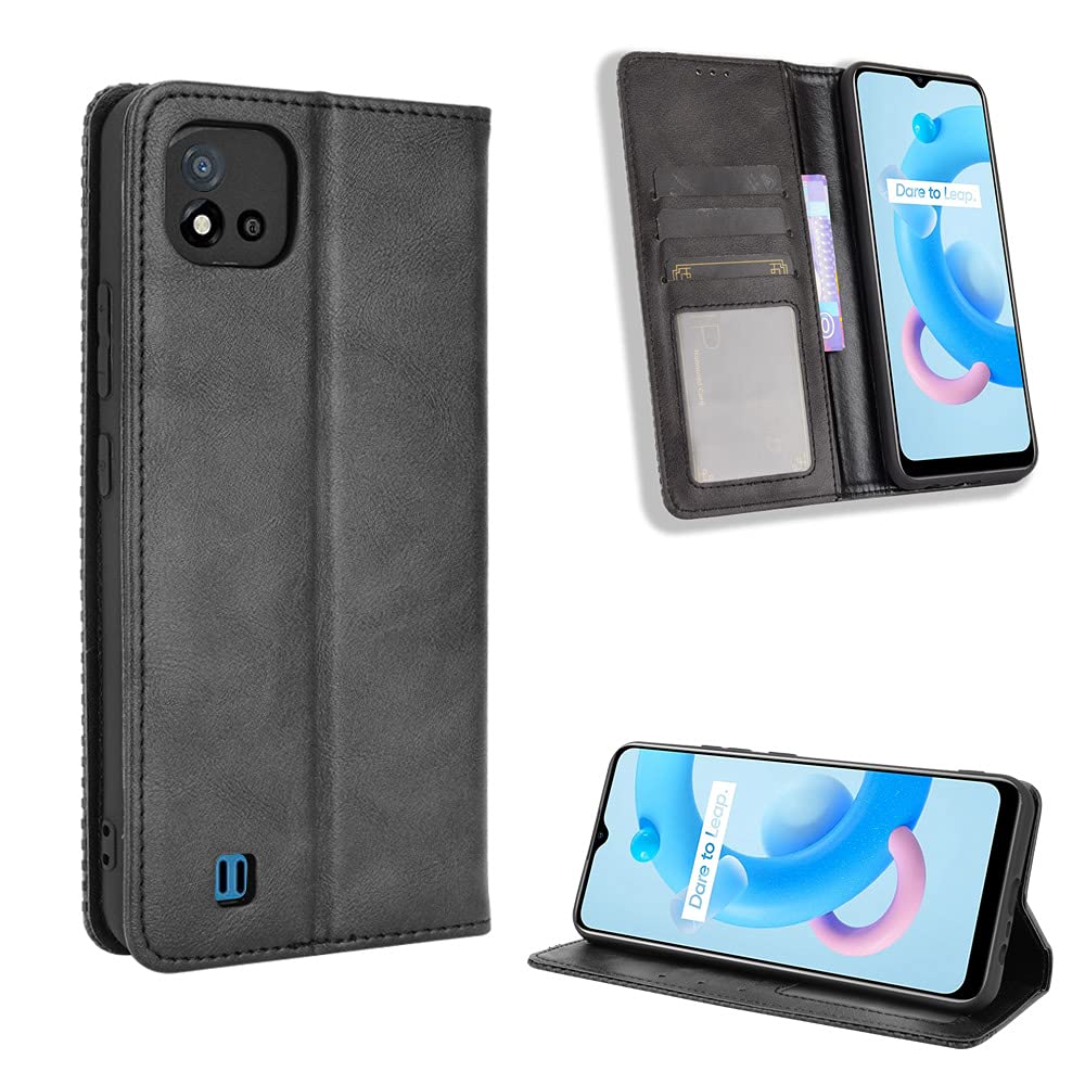 Cover Compatible with Realme C11 2021 / C20 Case PU Leather Flip Kickstand Wallet Card Slot Magnetic Closure Black