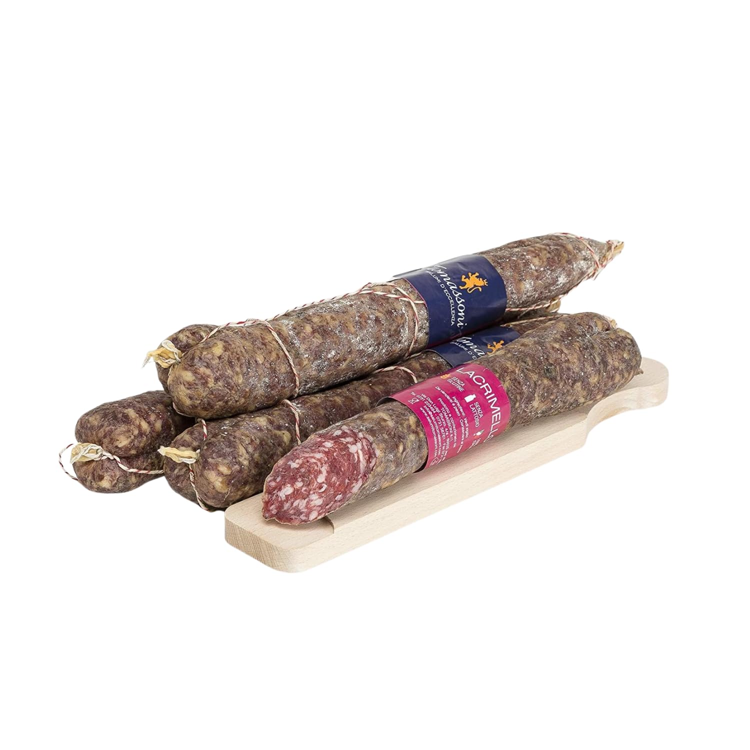 Tomassoni Salami Lacrimello Italien au Vin Lacrima di Morro D'Alba, Salame con Vino, sans gluten et sans lactose, produit artisanal, spécialités gastronomiques, emballé sous vide entier 700g