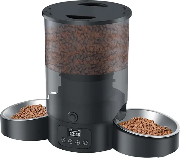 Automatic Cat Feeder for 2 Cats, 3L Food Dispenser SURDY Auto Cat Feeder with 2 Stainless Bowls (Black, 3L)