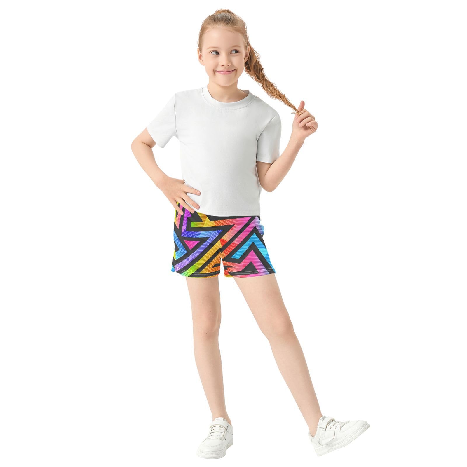 pnyoin Girl's Shorts Modern Rainbow Geometric Athletic Running Shorts with Pockets Size 14-15t