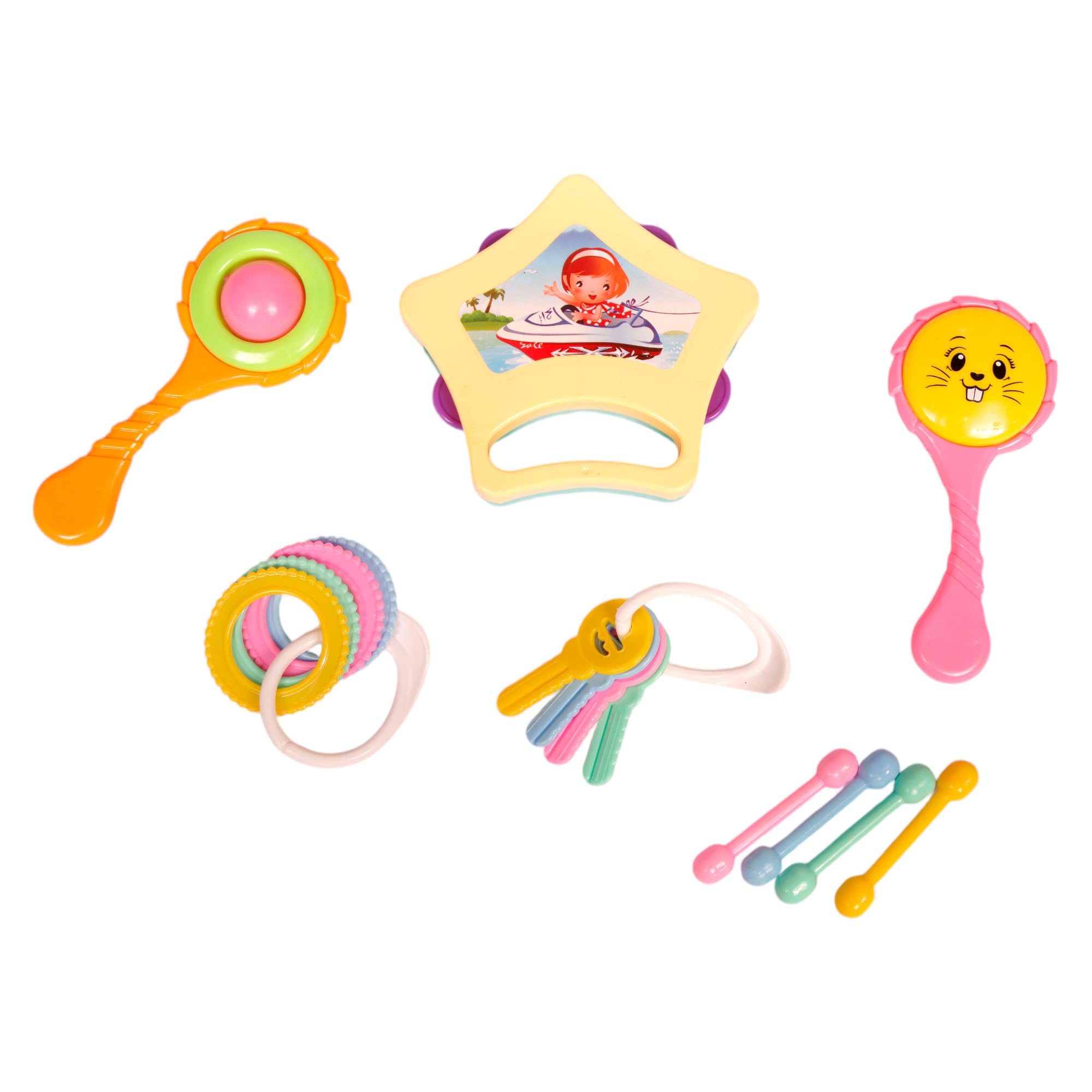 VIRTI MINI ME Baby Rattle Toy Set – 6 Pcs Colorful Newborn Toys | Lightweight & Easy to Hold | Non-Toxic & Baby-Safe | Early Learning Toys for 0–6 Months | Rattle, Keys, Tambourine & More