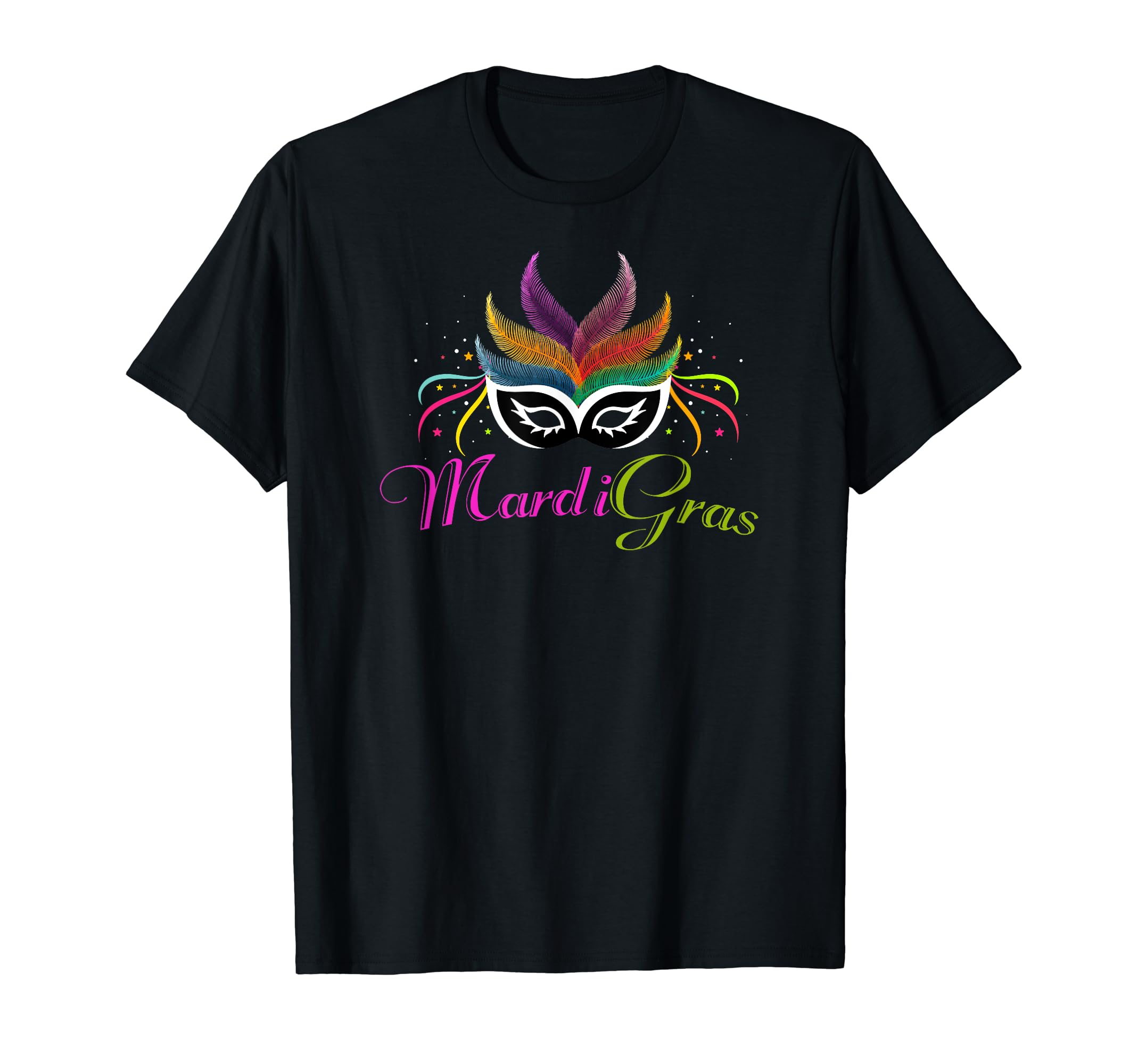 Black Mardi Gras T Shirt; with Mask with Feathers