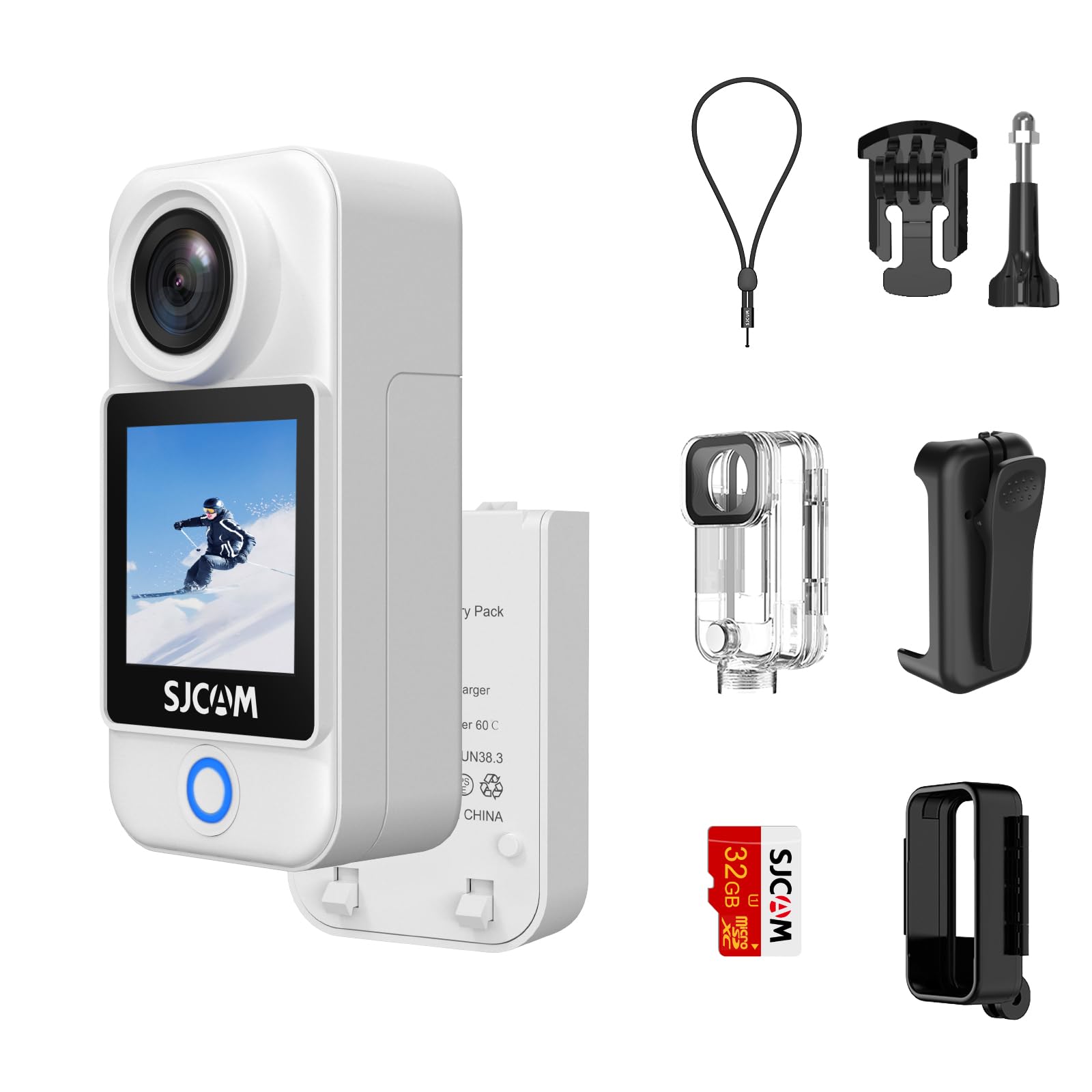 SJCAMC300 Pocket Action Camera,4K Body Camera, Auto Screen Off, Stabilization, Waterproof, Small Wearable, Mini POV Camera, Removable Dual Battery, Touch Screen, with Helmet Mount Kits, White