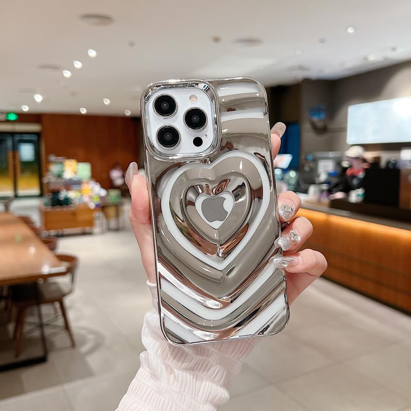 Image of LuxuryKase 3D Heart Love Pattern Shockproof Phone Case for iPhone 14 Pro | Soft TPU Bumper | Glossy Electroplated Edges | Full Camera Protection | Slim & Stylish Protective Cover - Silver