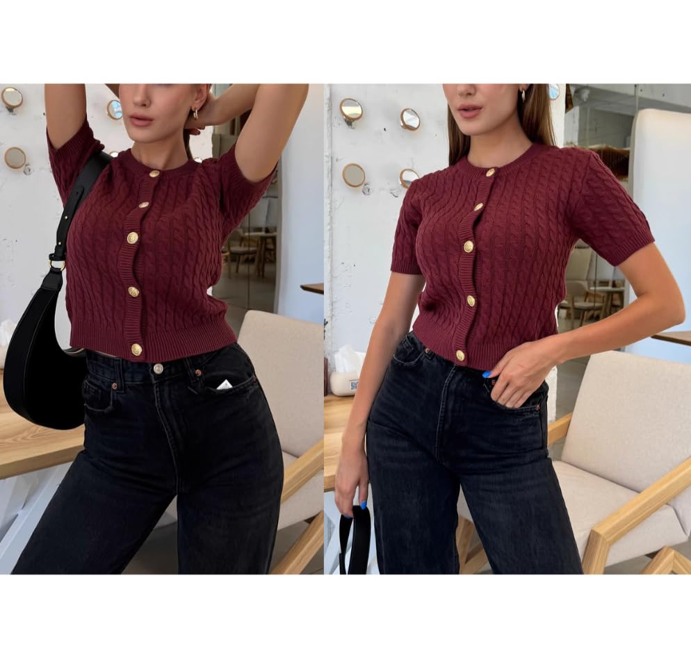 Short Sleeve Cardigans for Women Knitted Crop Cardigan Gold Button Up Cardigan Burgundy Work Sweaters Old Money2