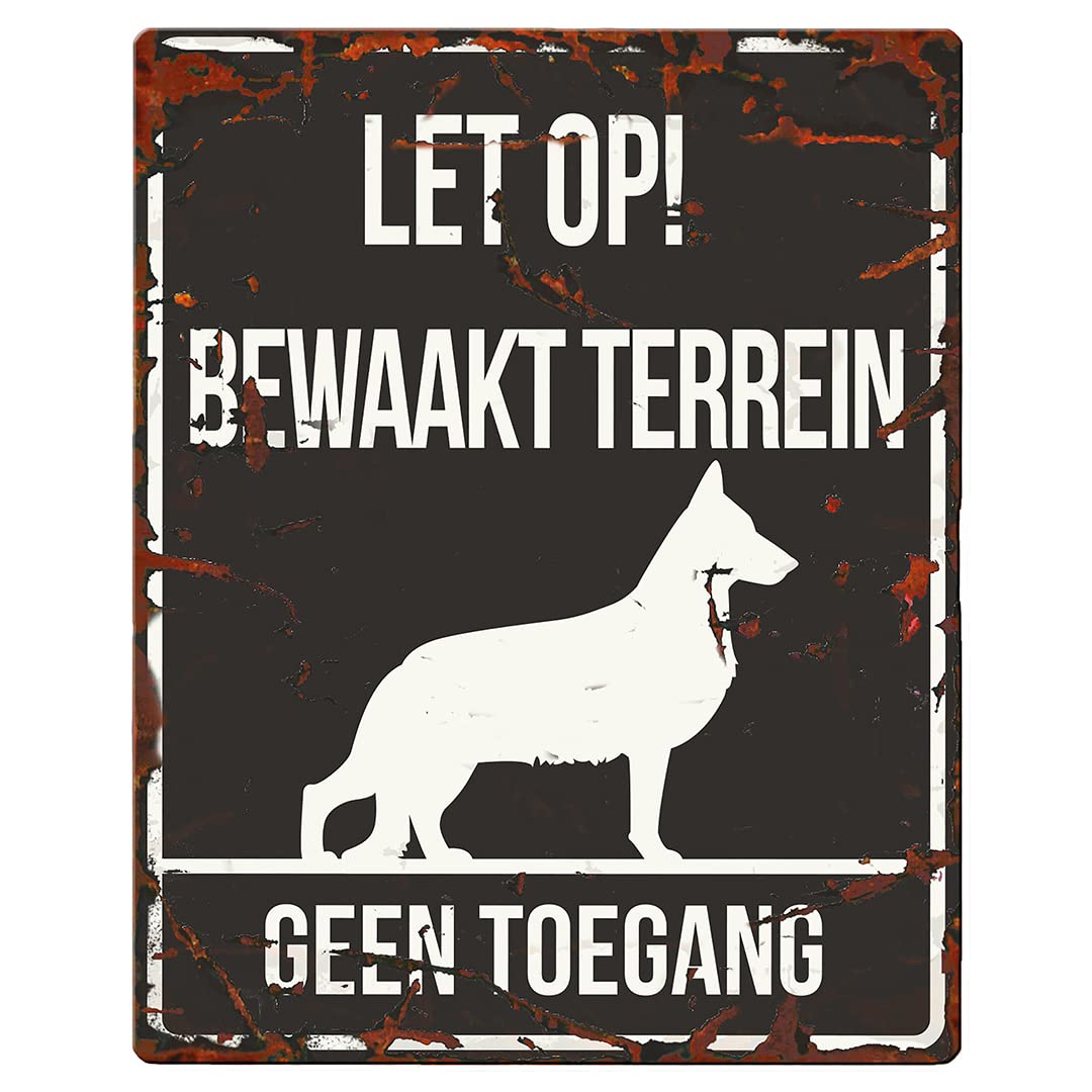 D&D Home, Warning Dog Sign 20x25cm Dutch Version Black Background Metal Warning Sign Rust Resistant Funny Text