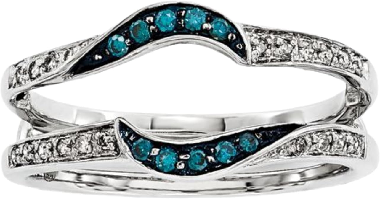 925 Sterling Silver Created London Blue Diamond & White Created Diamond Curved Ring Enhancer, Double Bypass Wave Solitaire Guard, Teal Gemstone Wedding Band Wrap